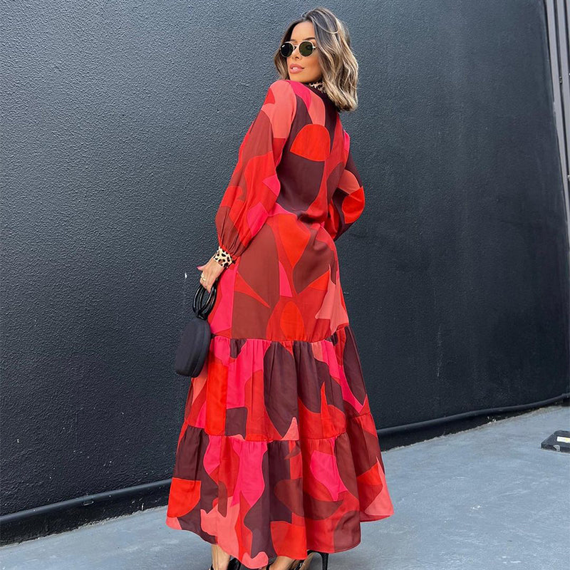 Vibrant Print Leopard Trim Long Sleeve Maxi Dress
