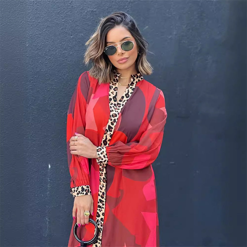 Vibrant Print Leopard Trim Long Sleeve Maxi Dress