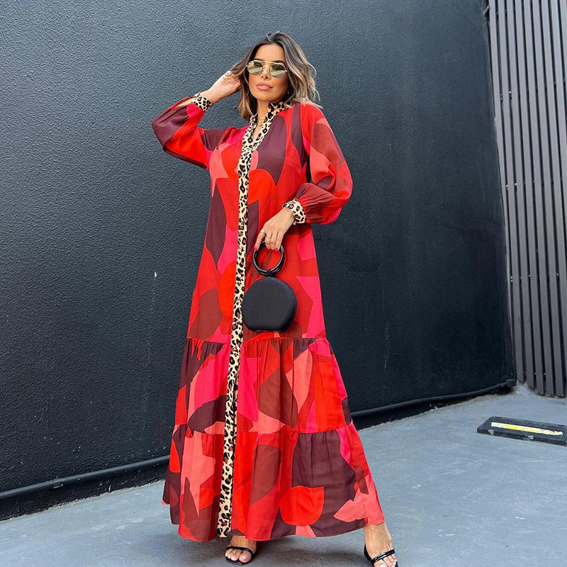 Vibrant Print Leopard Trim Long Sleeve Maxi Dress