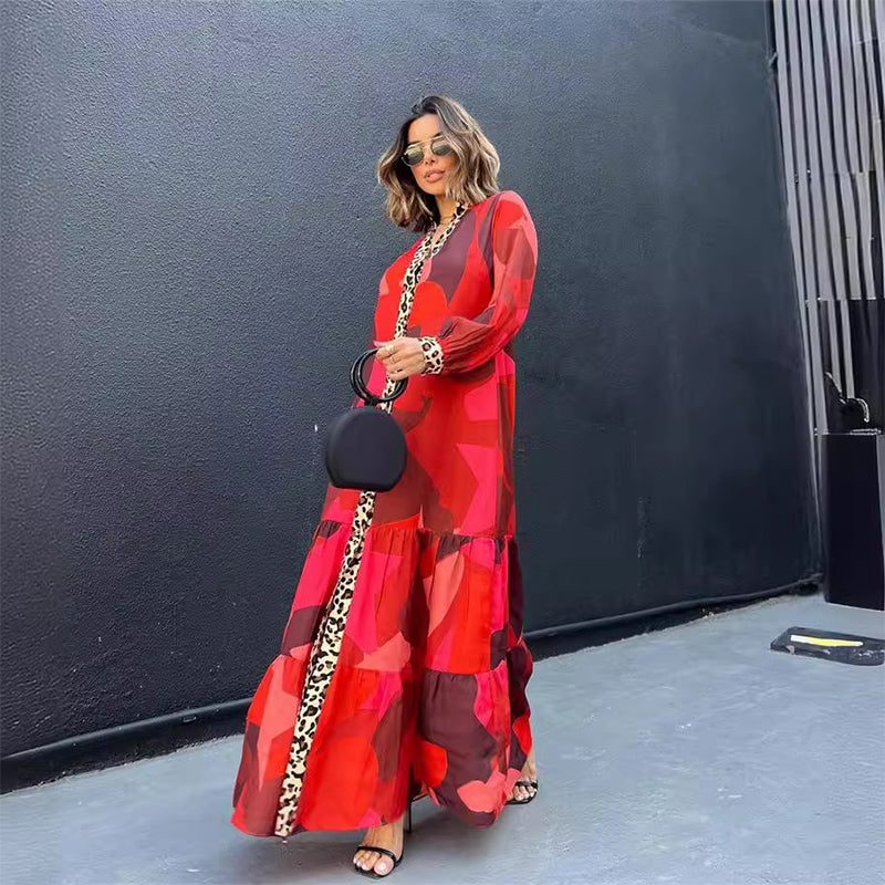 Vibrant Print Leopard Trim Long Sleeve Maxi Dress
