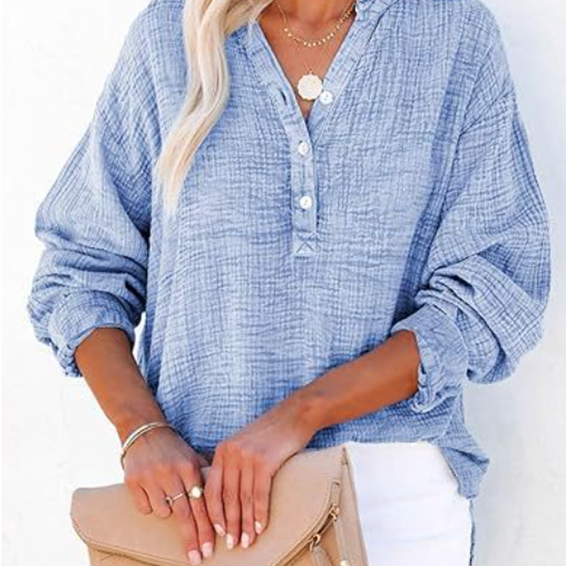 🏆🏆🔥Last Day Sale 50%🔥🌸🌸Women’s Casual Gauze Button Neck Long Sleeve Blouse