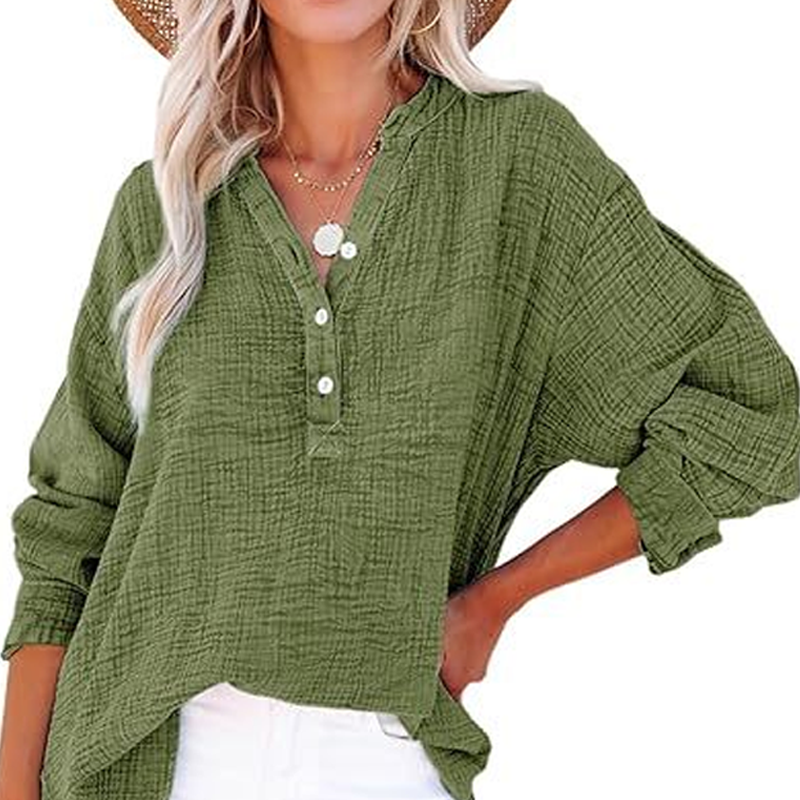 🏆🏆🔥Last Day Sale 50%🔥🌸🌸Women’s Casual Gauze Button Neck Long Sleeve Blouse