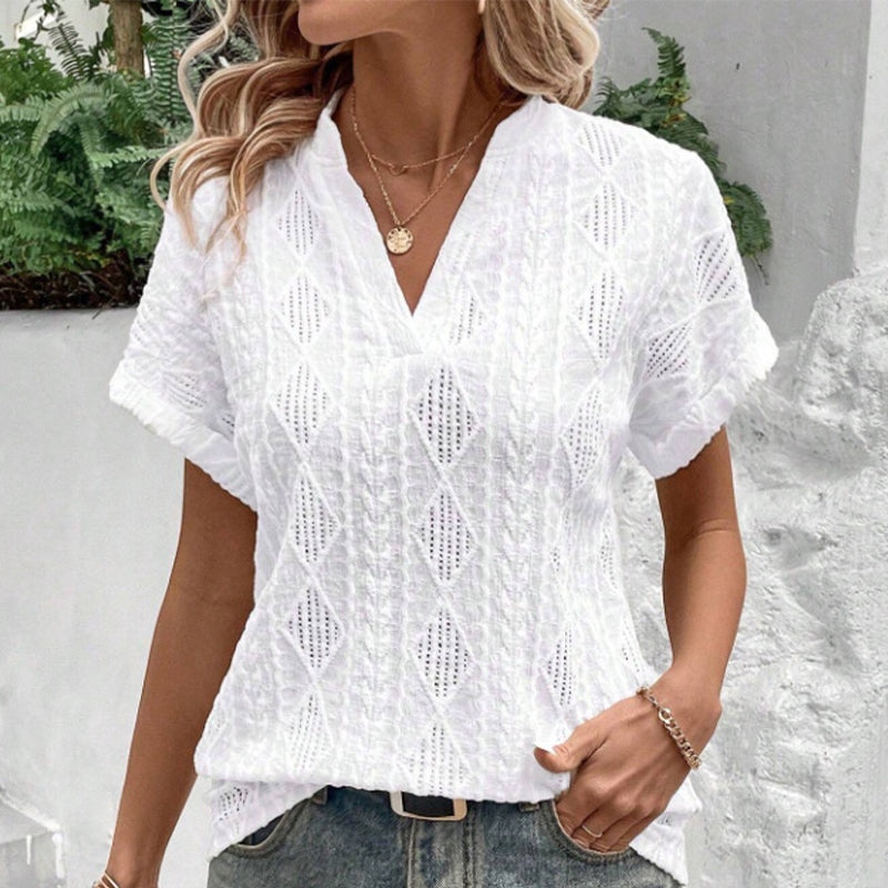 Women's V-Neck Jacquard Short Sleeve Loose Shirt