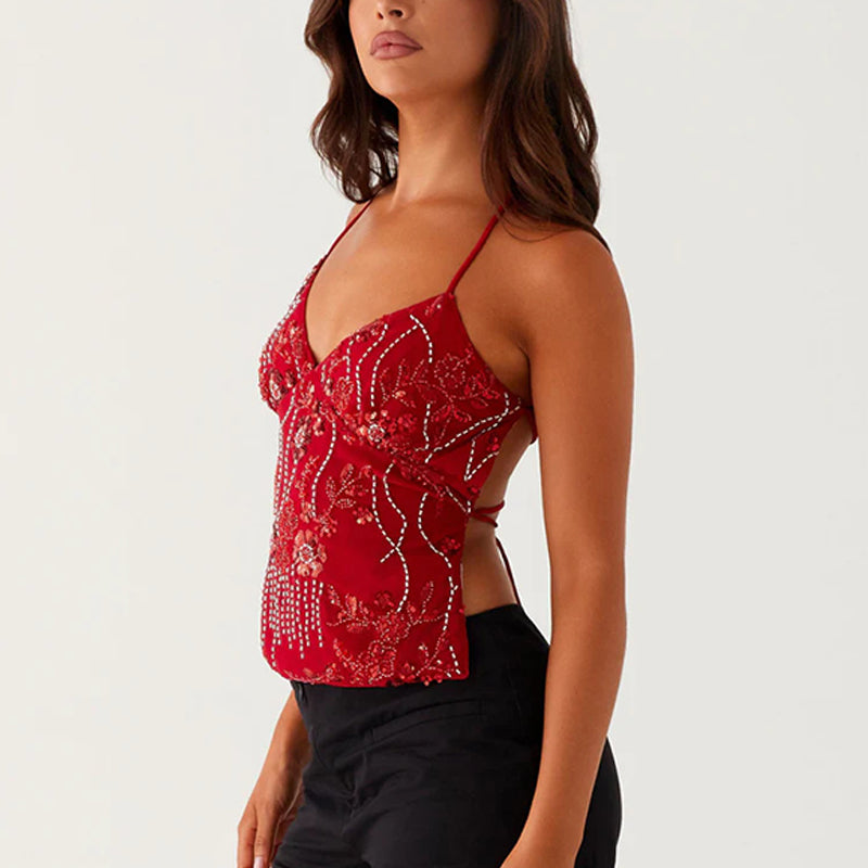 Sexy Embroidered Sequined Cropped Camisole