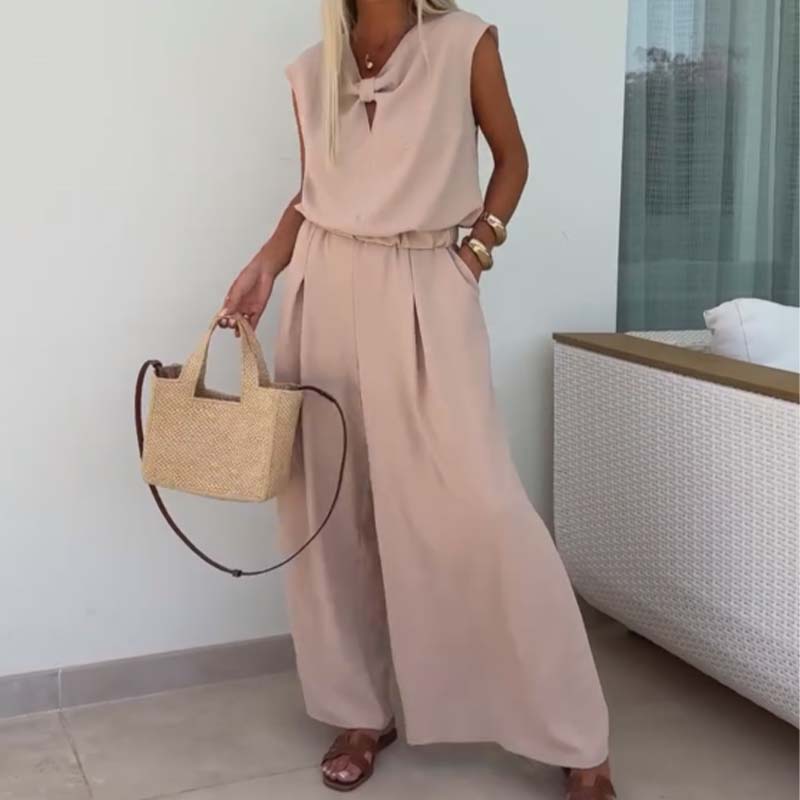 ⏳ Limited time 50% off! 💥Sleeveless V-Neck Tops & Loose Pants 2-Piece Set(The more you buy, the higher the discount)
