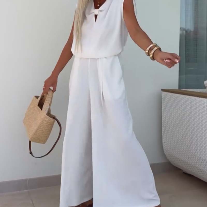 ⏳ Limited time 50% off! 💥Sleeveless V-Neck Tops & Loose Pants 2-Piece Set(The more you buy, the higher the discount)