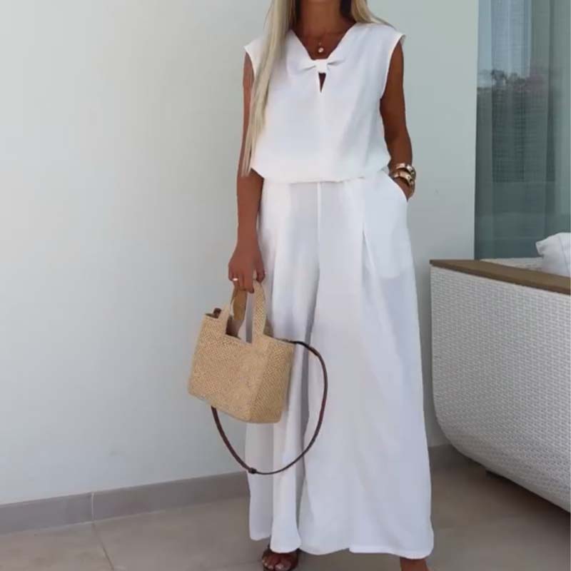 ⏳ Limited time 50% off! 💥Sleeveless V-Neck Tops & Loose Pants 2-Piece Set(The more you buy, the higher the discount)