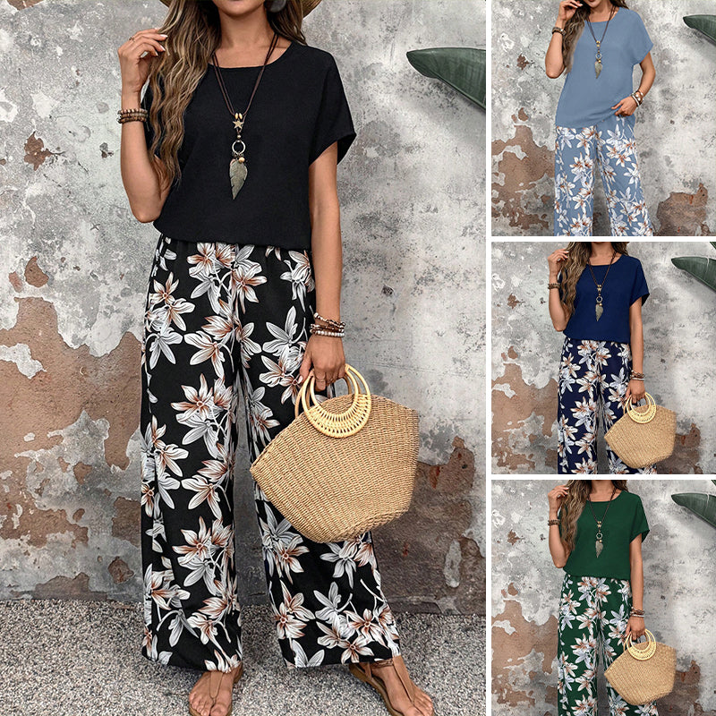 🌸Summer Specials🌸Women's Casual Floral Print Wide Leg Trousers and Short Sleeve Top Set