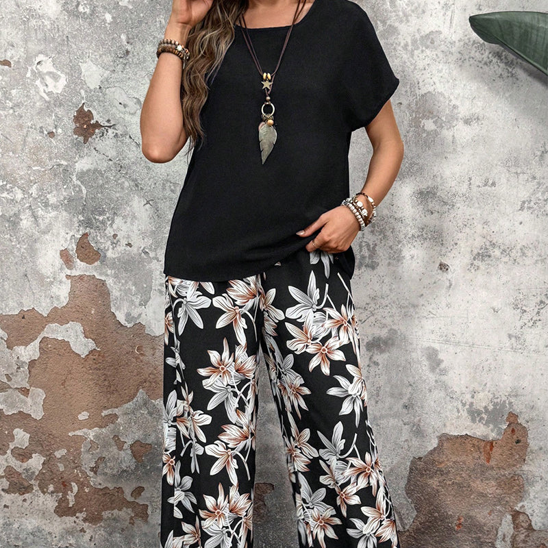 🌸Summer Specials🌸Women's Casual Floral Print Wide Leg Trousers and Short Sleeve Top Set