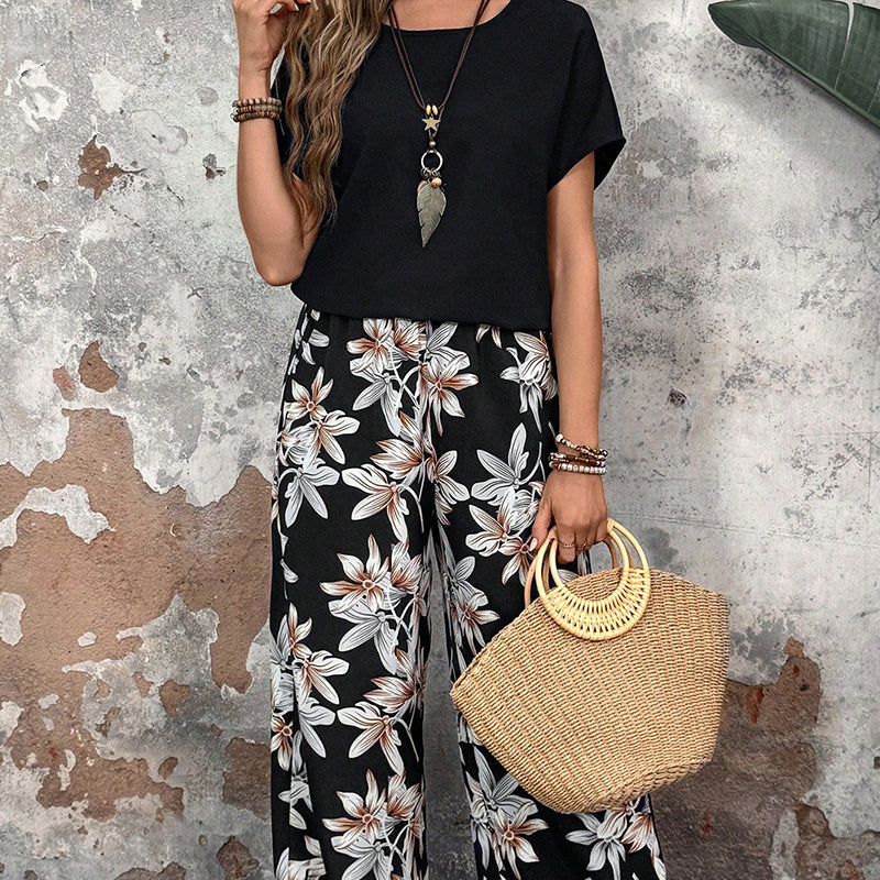 🌸Summer Specials🌸Women's Casual Floral Print Wide Leg Trousers and Short Sleeve Top Set