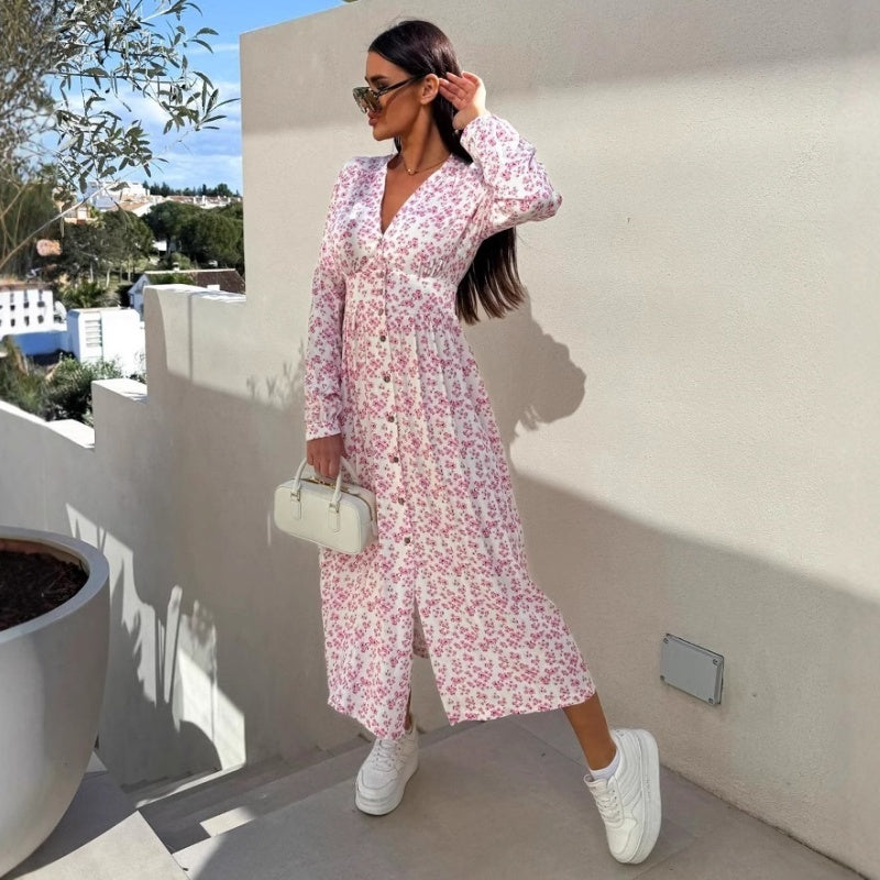 Fashion V-Neck Button Long Sleeve Floral Waist Dresses