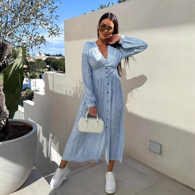 Fashion V-Neck Button Long Sleeve Floral Waist Dresses