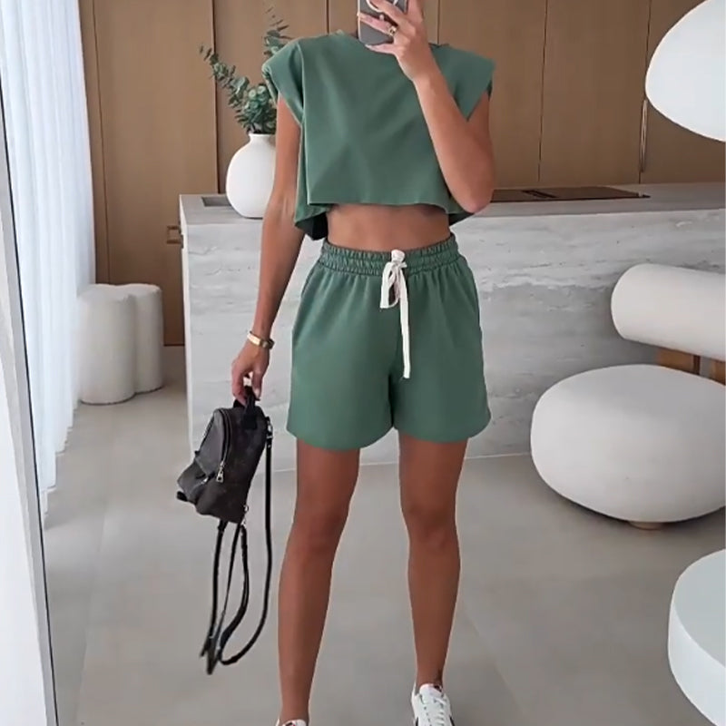 Women's Fashion Solid Color Sleeveless Top & Shorts Two Piece Set