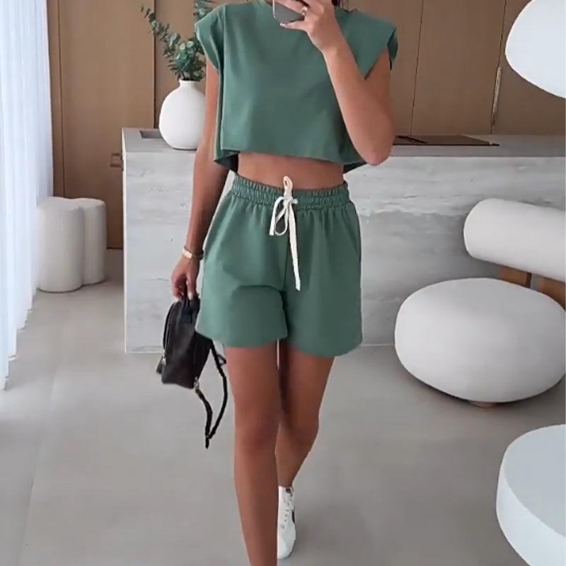 Women's Fashion Solid Color Sleeveless Top & Shorts Two Piece Set