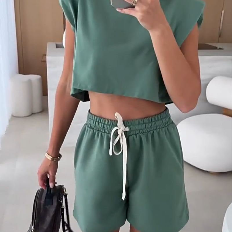 Women's Fashion Solid Color Sleeveless Top & Shorts Two Piece Set