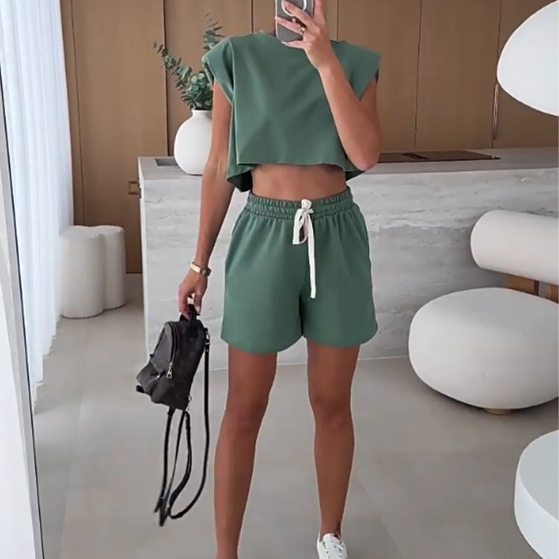 Women's Fashion Solid Color Sleeveless Top & Shorts Two Piece Set