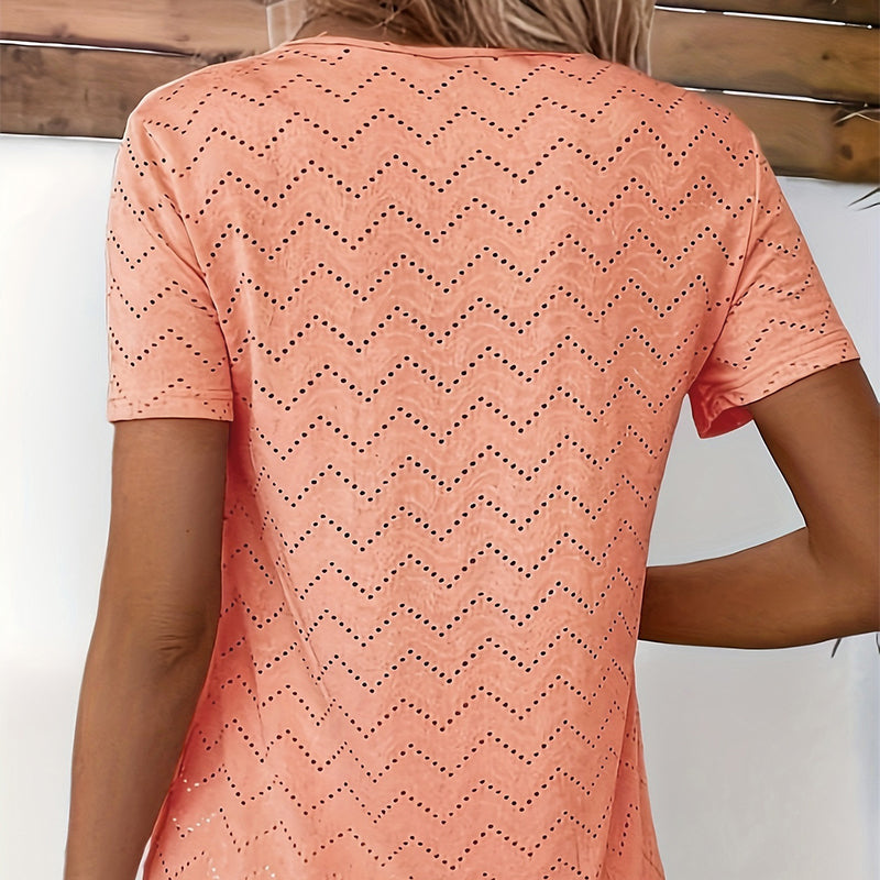 Women's Casual Round Neck Short Sleeve Hollow Out T-Shirt