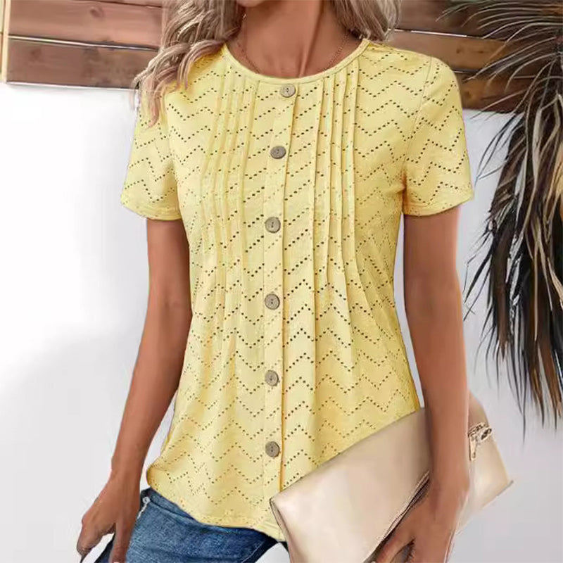 Women's Casual Round Neck Short Sleeve Hollow Out T-Shirt