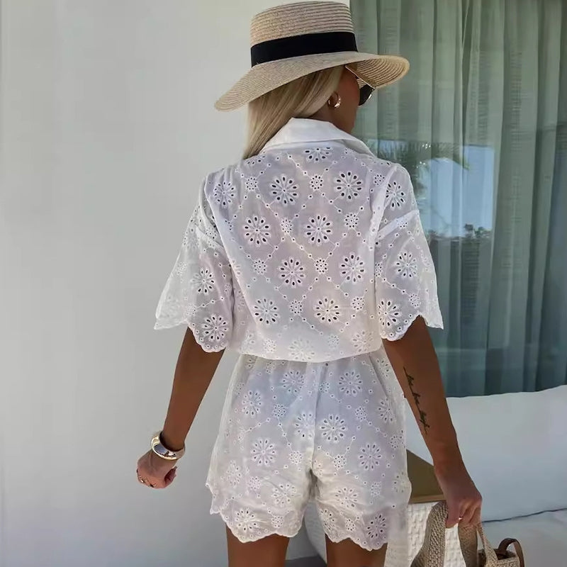 Chic Embroidered Lace Flowers Button Up Belted Shirt Romper
