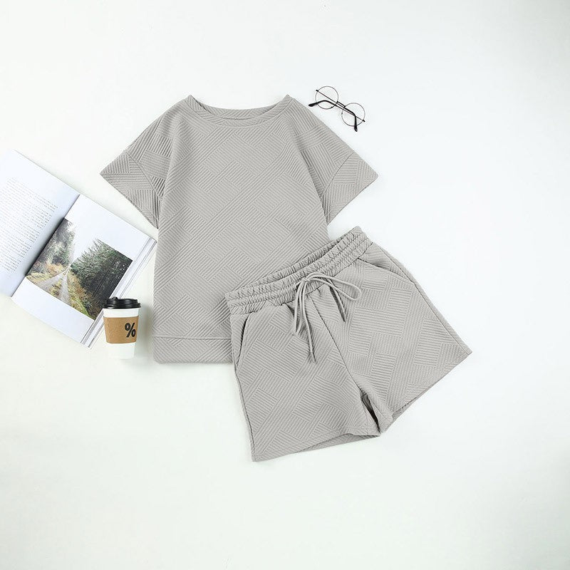 🌸Spring Specials💐Women's Solid Textured Casual Short Sleeve Top Drawstring Shorts Set