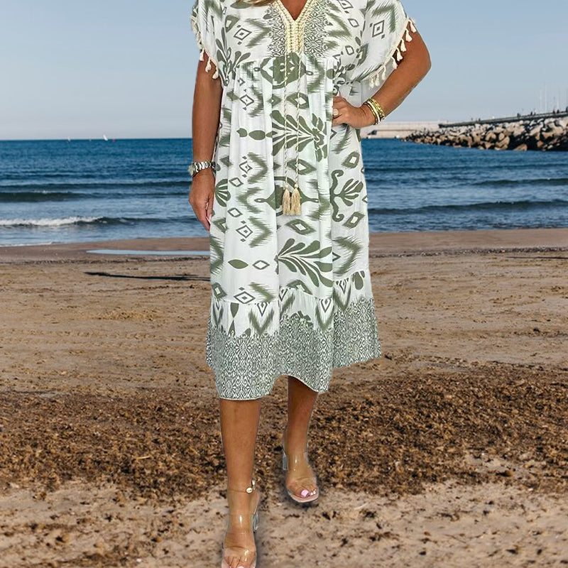 🌟Summer Hot Sale 50% OFF💐Printed Casual Dress With V-Neckline and Fringes on the Short Sleeves