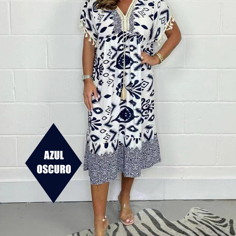 🌟Summer Hot Sale 50% OFF💐Printed Casual Dress With V-Neckline and Fringes on the Short Sleeves