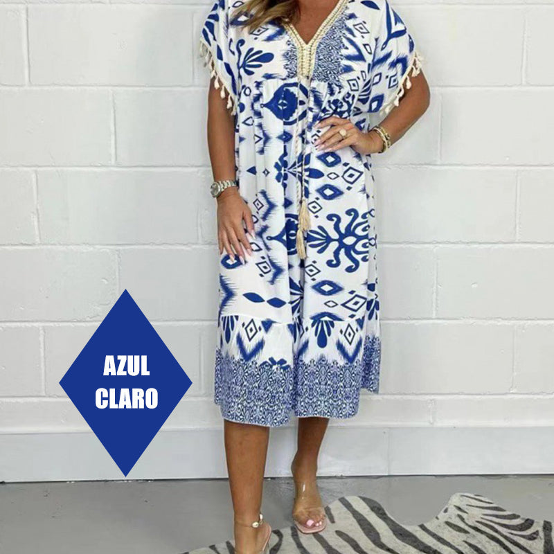 🌟Summer Hot Sale 50% OFF💐Printed Casual Dress With V-Neckline and Fringes on the Short Sleeves