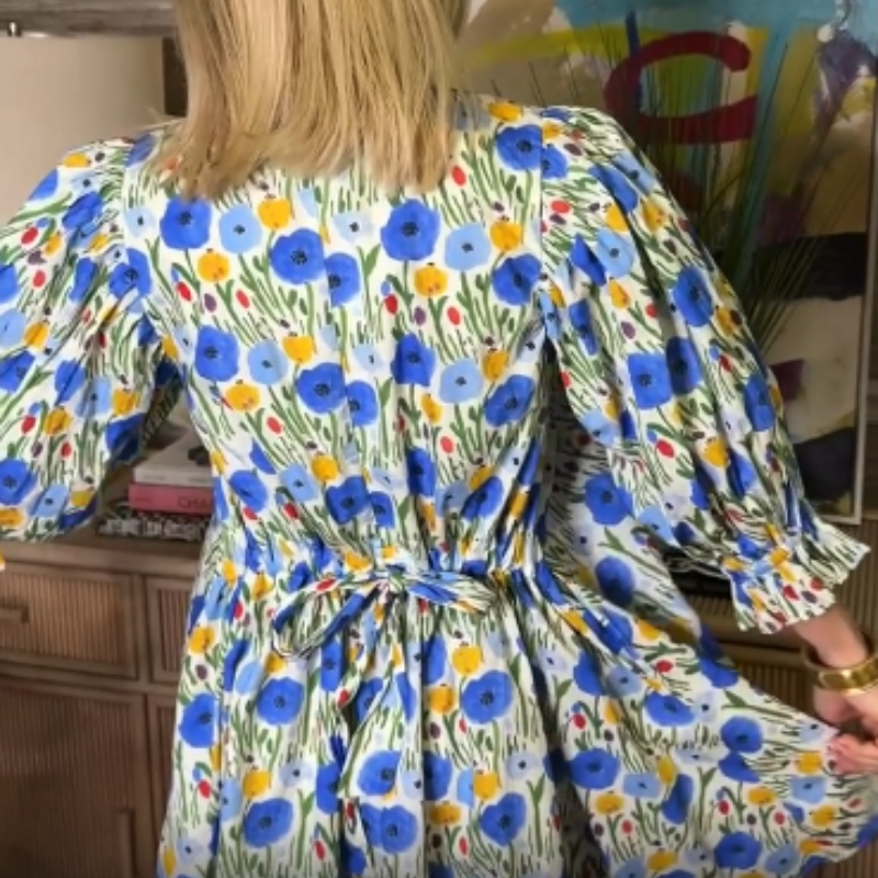 Women's Floral Printed Belted Bubble Sleeve Dress