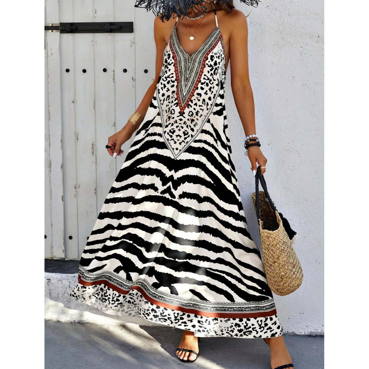 Zebra Leopard Print Slip Maxi Dress