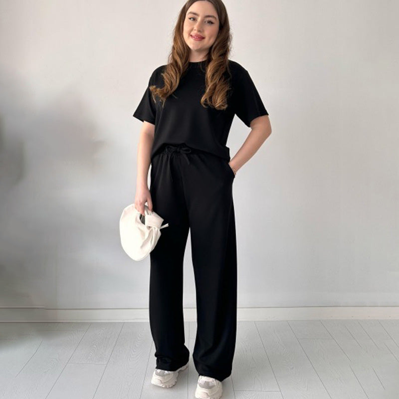 Casual Crew Neck Top & Drawstring Pants Set