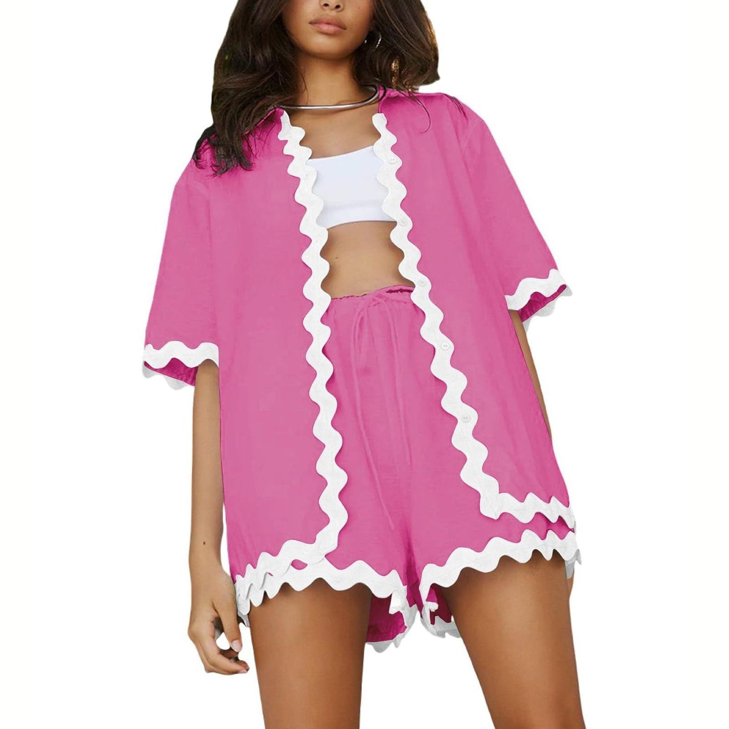 White Wave Cardigan + Shorts 2-Piece Set