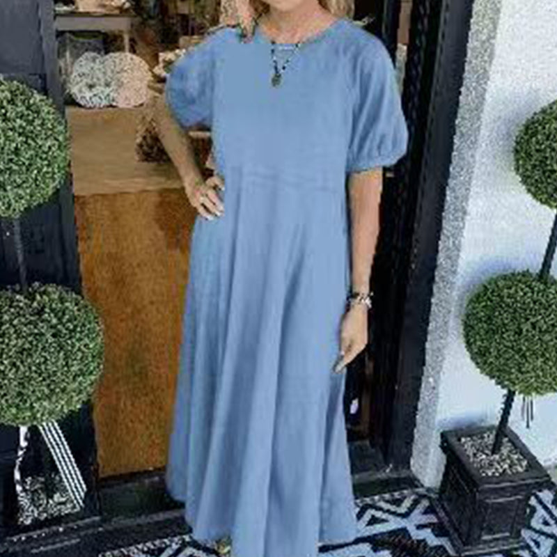 Loose-Fit Short-Sleeve Maxi Dress with Flared Hem