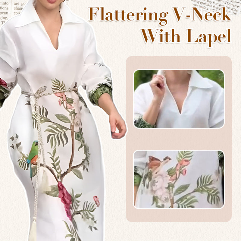 🌸Limited Sale 50% OFF🌸Women’s Print V-Neck Lapel Long-Sleeve Long Dress