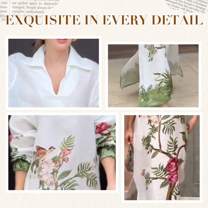 🌸Limited Sale 50% OFF🌸Women’s Print V-Neck Lapel Long-Sleeve Long Dress
