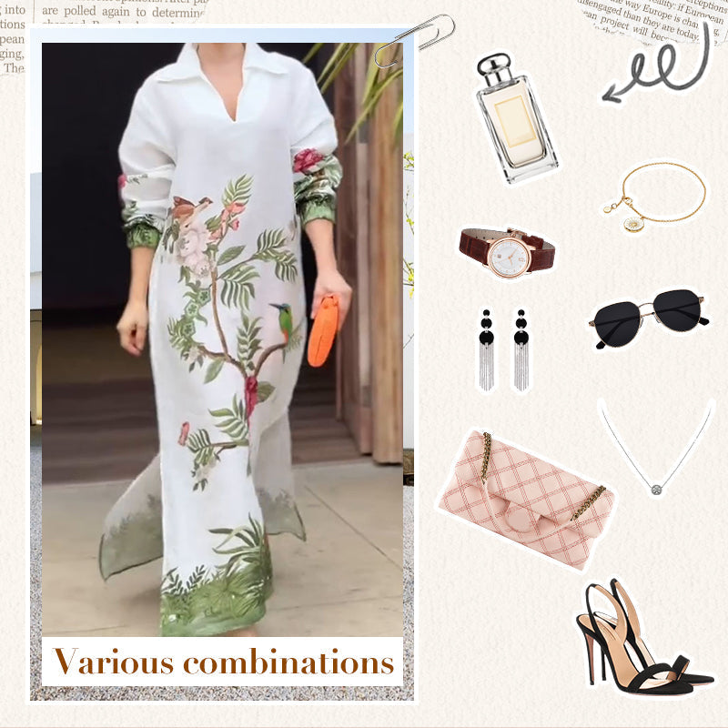 🌸Limited Sale 50% OFF🌸Women’s Print V-Neck Lapel Long-Sleeve Long Dress