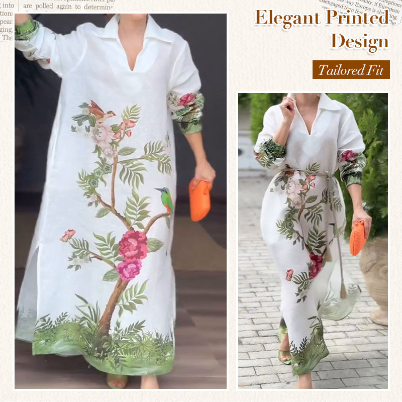 🌸Limited Sale 50% OFF🌸Women’s Print V-Neck Lapel Long-Sleeve Long Dress
