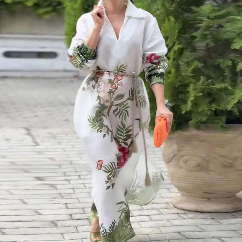🌸Limited Sale 50% OFF🌸Women’s Print V-Neck Lapel Long-Sleeve Long Dress