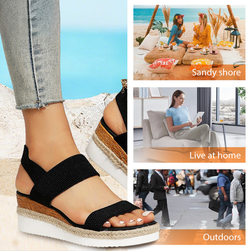 Women's Woven Elastic Strap Thick Bottom Slope Heel Sandals