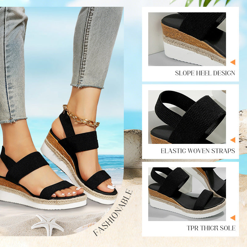 Women's Woven Elastic Strap Thick Bottom Slope Heel Sandals