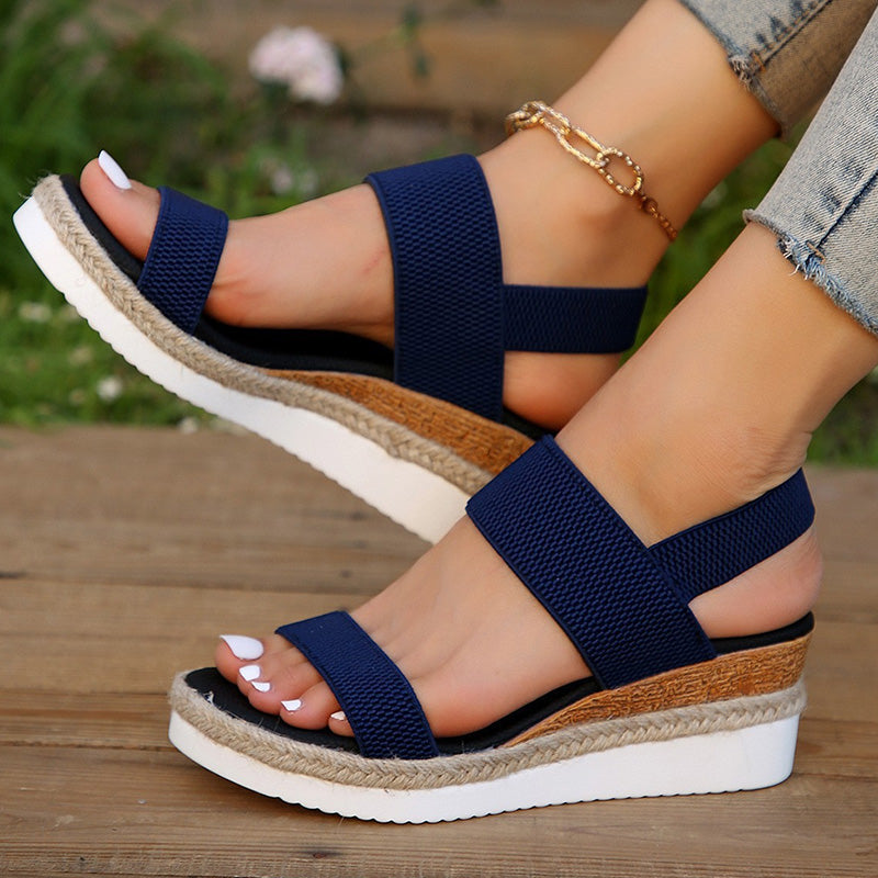 Women's Woven Elastic Strap Thick Bottom Slope Heel Sandals