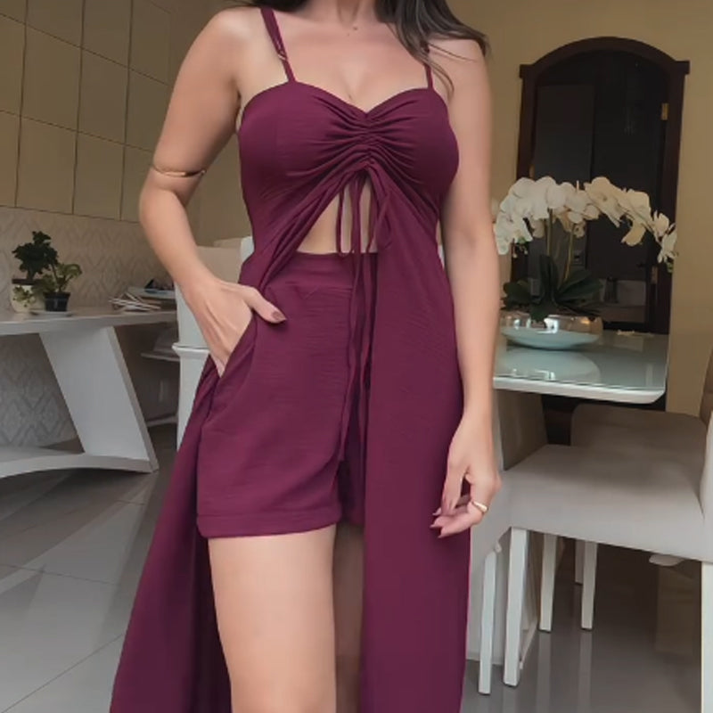 🔥2025 HOT SALE💃✨Women's Fashion Solid Color Spaghetti Straps Long Top & Shorts Two Piece Set