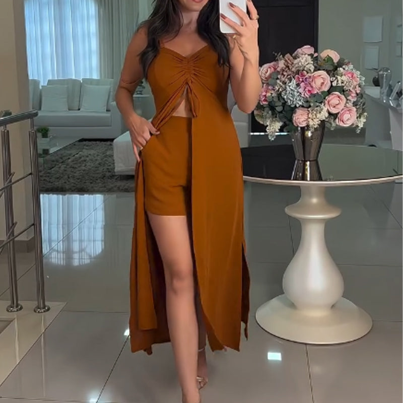 🔥2025 HOT SALE💃✨Women's Fashion Solid Color Spaghetti Straps Long Top & Shorts Two Piece Set
