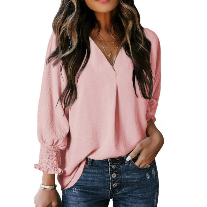 V-Neck Casual 3/4 Sleeve Loose Shirt