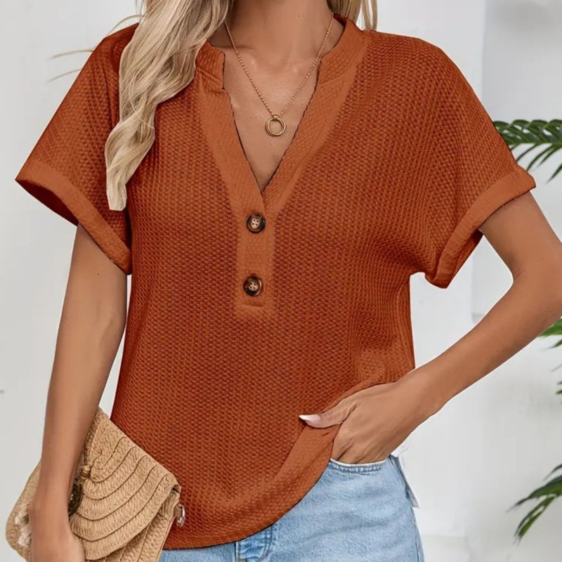 Casual Short Sleeve V-Neck Waffle Button T-Shirt