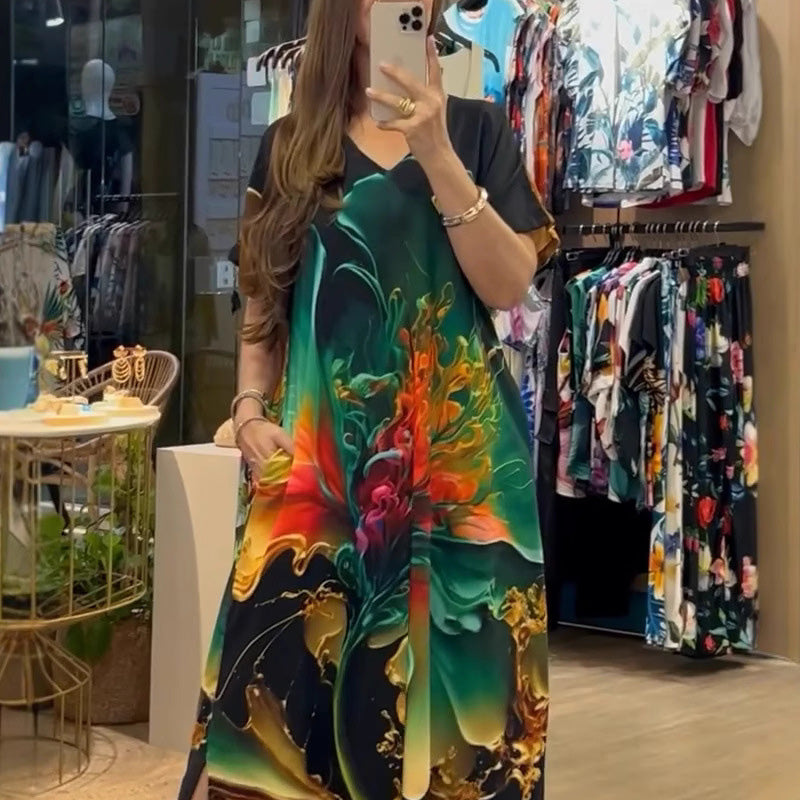 🎉Limited Time 50% OFF👗Women's Loose Casual V-Neck Printed Short Sleeve Dresses