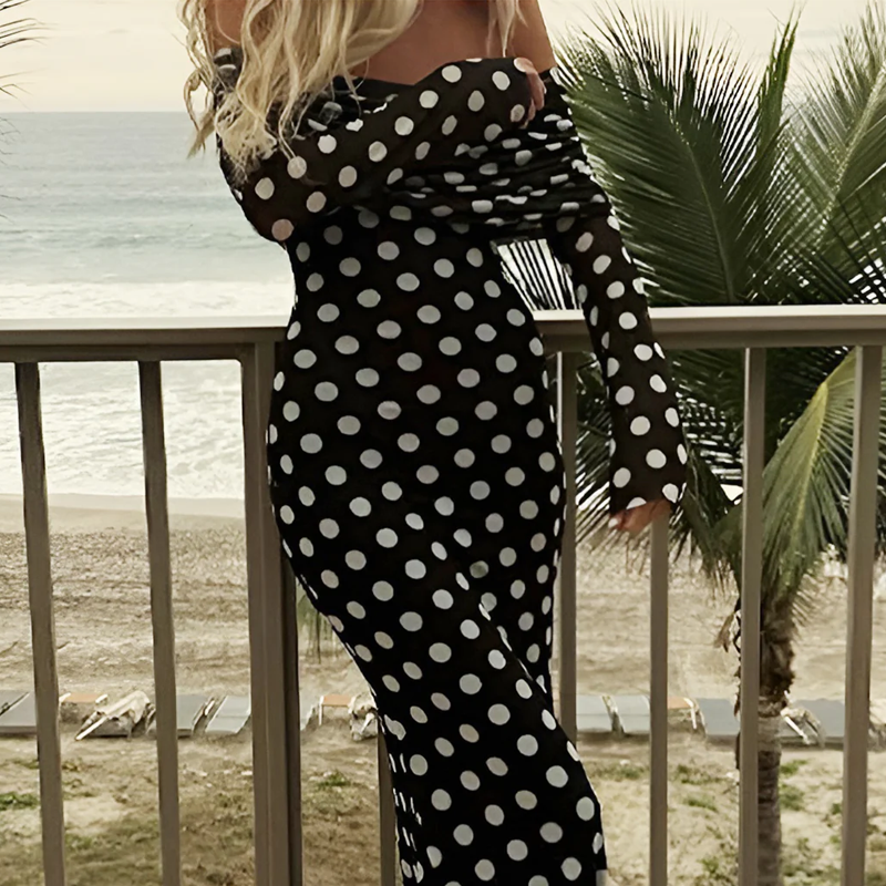 Elegant dress with polka dot pattern and bare shoulders