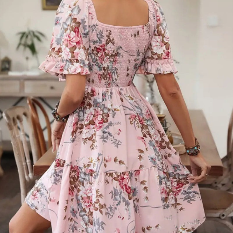Women’s Elegant Square Neck Floral Print Smocked Dress