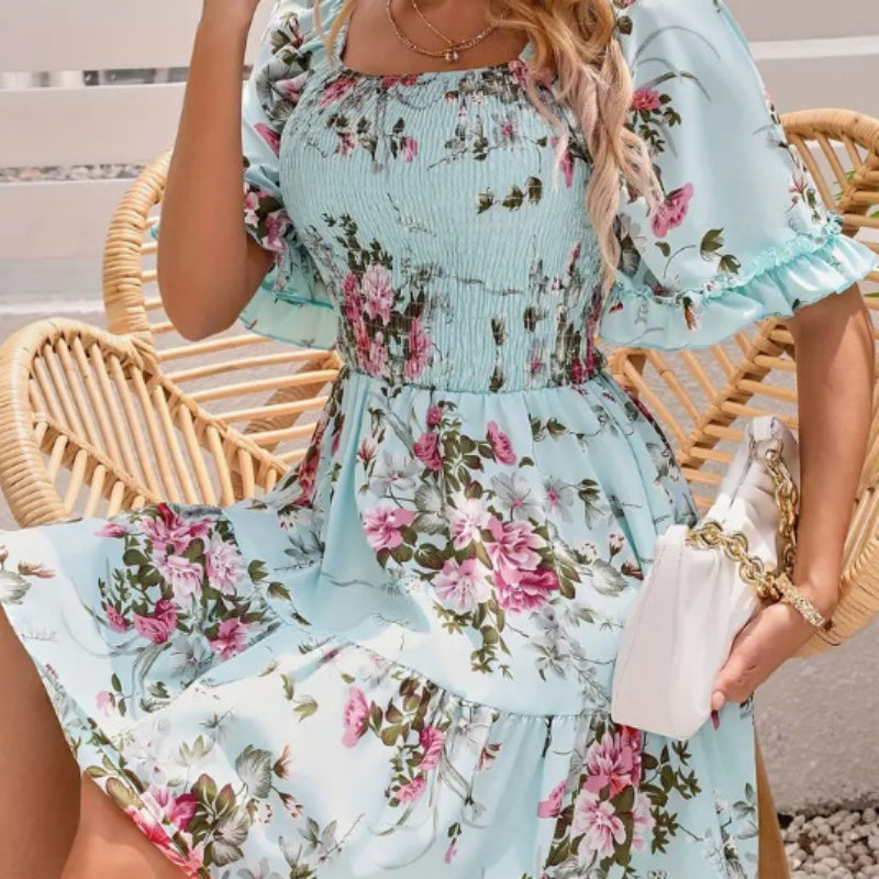 Women’s Elegant Square Neck Floral Print Smocked Dress
