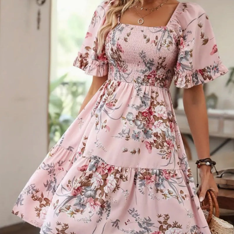 Women’s Elegant Square Neck Floral Print Smocked Dress