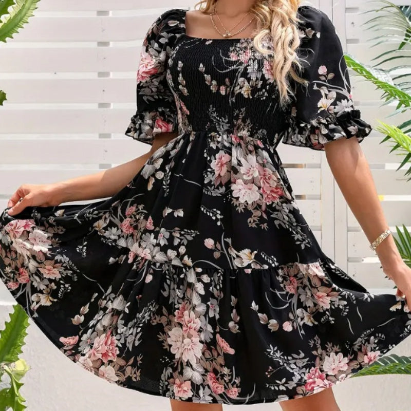 Women’s Elegant Square Neck Floral Print Smocked Dress